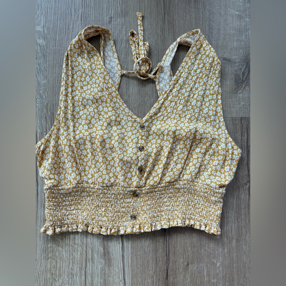American Eagle Outfitters Mustard Yellow Floral Crop Top XL